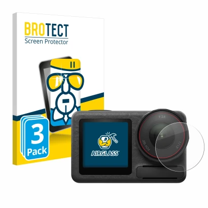 Parte frontal de un envase de producto con el logotipo de la marca BROTECT. Al lado se muestra el dispositivo DJI Osmo Action