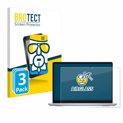 Parte frontal de un envase de producto con el logotipo de la marca BROTECT. Al lado se muestra el dispositivo Dell Inspiron 14