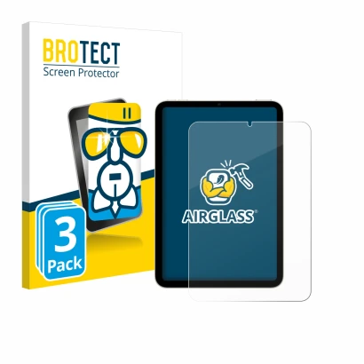 Parte frontal de un envase de producto con el logotipo de la marca BROTECT. Al lado se muestra el dispositivo Apple iPad Mini 