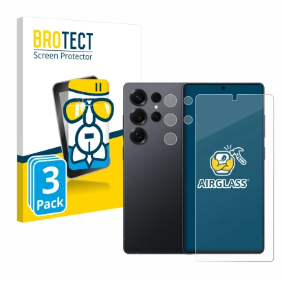 Parte frontal de un envase de producto con el logotipo de la marca BROTECT. Al lado se muestra el dispositivo Samsung Galaxy S