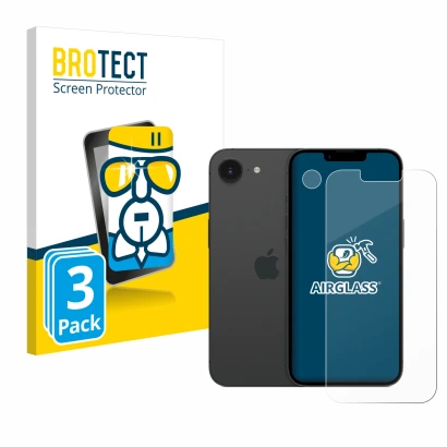 Parte frontal de un envase de producto con el logotipo de la marca BROTECT. Al lado se muestra el dispositivo Apple iPhone 16e