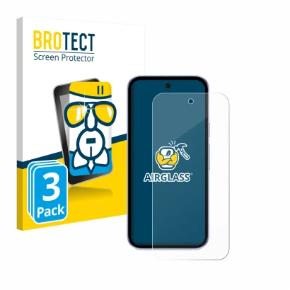 Parte frontal de un envase de producto con el logotipo de la marca BROTECT. Al lado se muestra el dispositivo Google Pixel 9a 