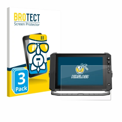 Parte frontal de un envase de producto con el logotipo de la marca BROTECT. Al lado se muestra el dispositivo Lowrance Elite F