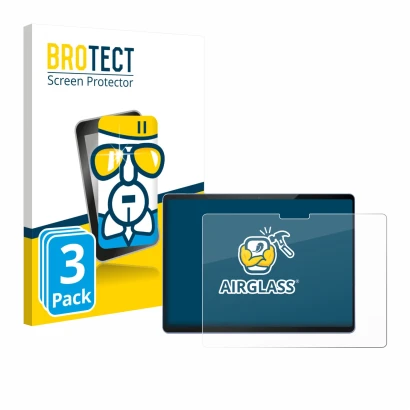 Parte frontal de un envase de producto con el logotipo de la marca BROTECT. Al lado se muestra el dispositivo Microsoft Surfac