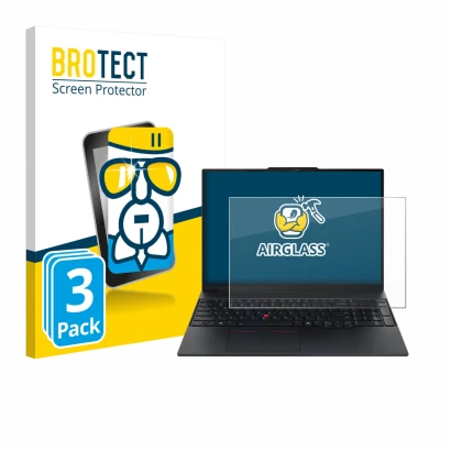 Parte frontal de un envase de producto con el logotipo de la marca BROTECT. Al lado se muestra el dispositivo Lenovo ThinkPad 