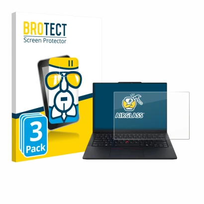 Parte frontal de un envase de producto con el logotipo de la marca BROTECT. Al lado se muestra el dispositivo Lenovo ThinkPad 