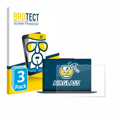 Parte frontal de un envase de producto con el logotipo de la marca BROTECT. Al lado se muestra el dispositivo Lenovo Yoga Slim