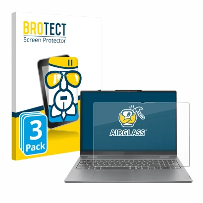 Parte frontal de un envase de producto con el logotipo de la marca BROTECT. Al lado se muestra el dispositivo Lenovo IdeaPad 5