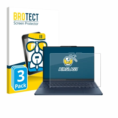 Parte frontal de un envase de producto con el logotipo de la marca BROTECT. Al lado se muestra el dispositivo Lenovo Yoga Pro 