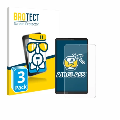 Parte frontal de un envase de producto con el logotipo de la marca BROTECT. Al lado se muestra el dispositivo Lenovo Tab One 8