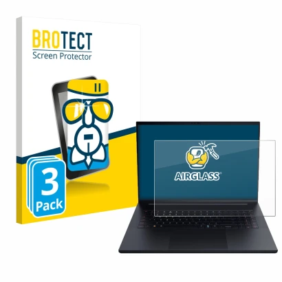 Parte frontal de un envase de producto con el logotipo de la marca BROTECT. Al lado se muestra el dispositivo Razer Blade 18 2