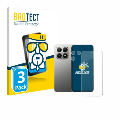 Parte frontal de un envase de producto con el logotipo de la marca BROTECT. Al lado se muestra el dispositivo Xiaomi 15T (Fron