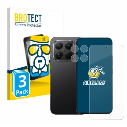 Parte frontal de un envase de producto con el logotipo de la marca BROTECT. Al lado se muestra el dispositivo Xiaomi 15T Pro (