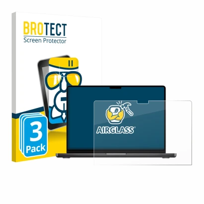 Parte frontal de un envase de producto con el logotipo de la marca BROTECT. Al lado se muestra el dispositivo Apple MacBook Pr