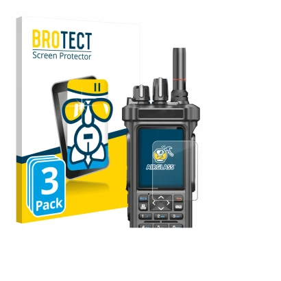 Parte frontal de un envase de producto con el logotipo de la marca BROTECT. Al lado se muestra el dispositivo Radtel RT-950 Pr