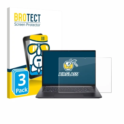 Parte frontal de un envase de producto con el logotipo de la marca BROTECT. Al lado se muestra el dispositivo Acer Swift X 14 