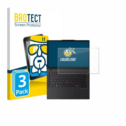 Parte frontal de un envase de producto con el logotipo de la marca BROTECT. Al lado se muestra el dispositivo Lenovo ThinkPad 