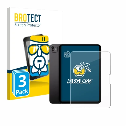 Parte frontal de un envase de producto con el logotipo de la marca BROTECT. Al lado se muestra el dispositivo Apple iPad Pro 1