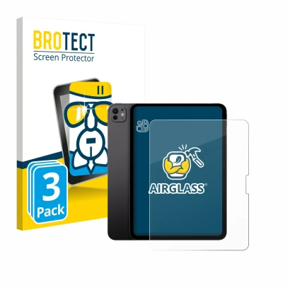 Parte frontal de un envase de producto con el logotipo de la marca BROTECT. Al lado se muestra el dispositivo Apple iPad Pro 1