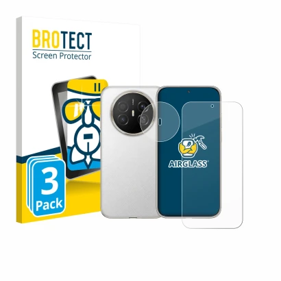 Parte frontal de un envase de producto con el logotipo de la marca BROTECT. Al lado se muestra el dispositivo Huawei Mate 70 A