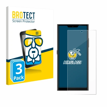 Parte frontal de un envase de producto con el logotipo de la marca BROTECT. Al lado se muestra el dispositivo Jolla Phone con 