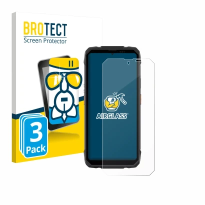 Parte frontal de un envase de producto con el logotipo de la marca BROTECT. Al lado se muestra el dispositivo Blackview Rock 1