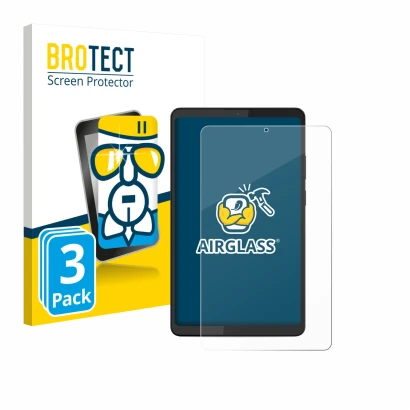 Parte frontal de un envase de producto con el logotipo de la marca BROTECT. Al lado se muestra el dispositivo Lenovo Tab K9 co