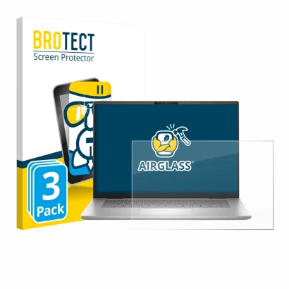 Parte frontal de un envase de producto con el logotipo de la marca BROTECT. Al lado se muestra el dispositivo Dell Inspiron 16