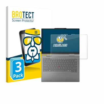 Parte frontal de un envase de producto con el logotipo de la marca BROTECT. Al lado se muestra el dispositivo Lenovo ThinkPad