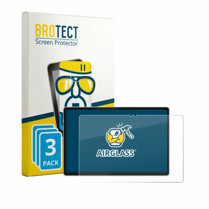 Parte frontal de un envase de producto con el logotipo de la marca BROTECT. Al lado se muestra el dispositivo Lenovo Tab Plus