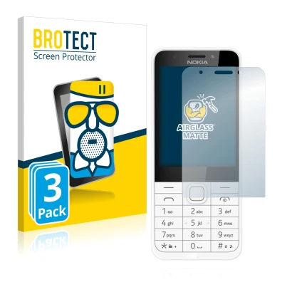 Parte frontal de un envase de producto con el logotipo de la marca BROTECT. Al lado se muestra el dispositivo Nokia 230 con su