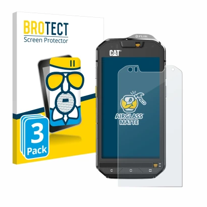 Parte frontal de un envase de producto con el logotipo de la marca BROTECT. Al lado se muestra el dispositivo Caterpillar Cat 