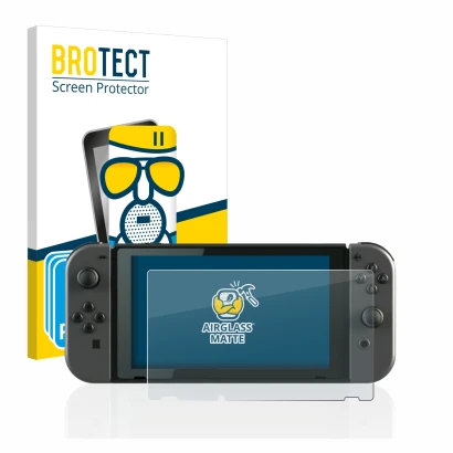 Parte frontal de un envase de producto con el logotipo de la marca BROTECT. Al lado se muestra el dispositivo Nintendo Switch 