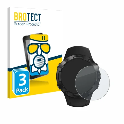 Parte frontal de un envase de producto con el logotipo de la marca BROTECT. Al lado se muestra el dispositivo Suunto 5 con su 