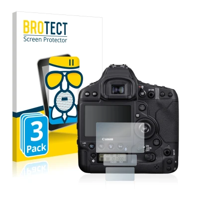 Parte frontal de un envase de producto con el logotipo de la marca BROTECT. Al lado se muestra el dispositivo Canon EOS 1D X M