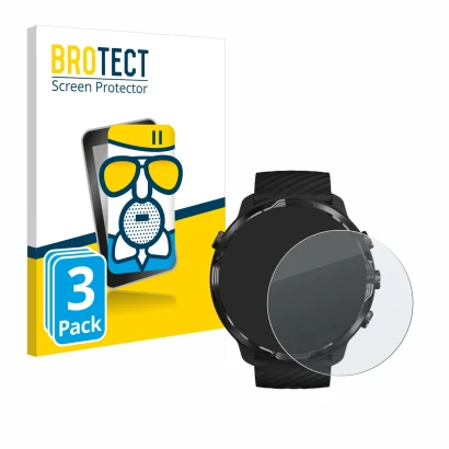 Parte frontal de un envase de producto con el logotipo de la marca BROTECT. Al lado se muestra el dispositivo Suunto 7 con su 