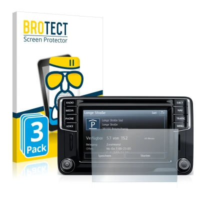 Parte frontal de un envase de producto con el logotipo de la marca BROTECT. Al lado se muestra el dispositivo Volkswagen Amaro