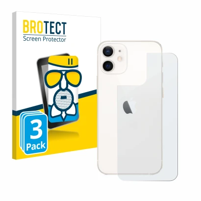 Parte frontal de un envase de producto con el logotipo de la marca BROTECT. Al lado se muestra el dispositivo Apple iPhone 12 