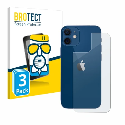 Parte frontal de un envase de producto con el logotipo de la marca BROTECT. Al lado se muestra el dispositivo Apple iPhone 12 