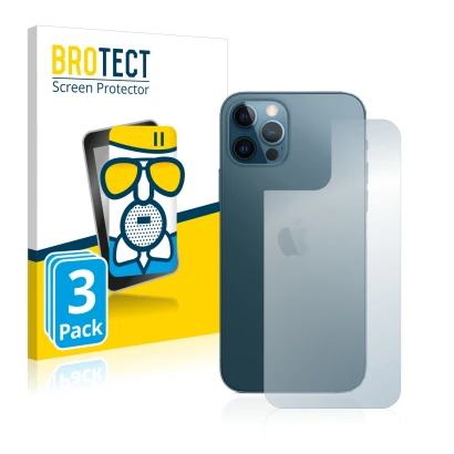 Parte frontal de un envase de producto con el logotipo de la marca BROTECT. Al lado se muestra el dispositivo Apple iPhone 12