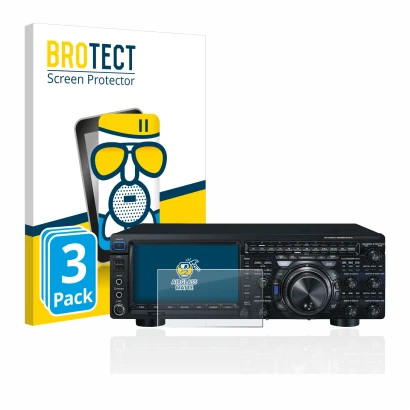 Parte frontal de un envase de producto con el logotipo de la marca BROTECT. Al lado se muestra el dispositivo Yaesu FT-DX101D 