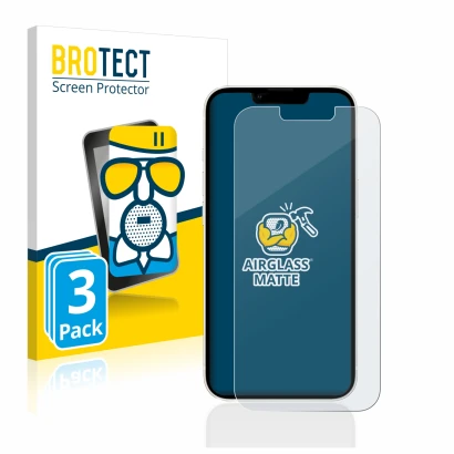 Parte frontal de un envase de producto con el logotipo de la marca BROTECT. Al lado se muestra el dispositivo Apple iPhone 13 