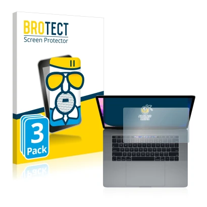 Parte frontal de un envase de producto con el logotipo de la marca BROTECT. Al lado se muestra el dispositivo Apple MacBook Pr