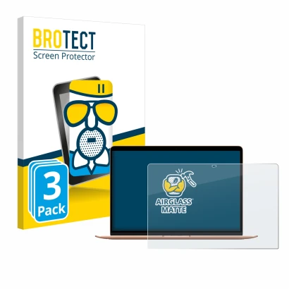 Parte frontal de un envase de producto con el logotipo de la marca BROTECT. Al lado se muestra el dispositivo Apple MacBook Ai