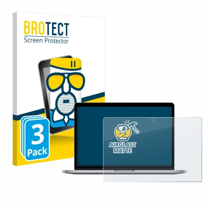 Parte frontal de un envase de producto con el logotipo de la marca BROTECT. Al lado se muestra el dispositivo Apple MacBook Pr