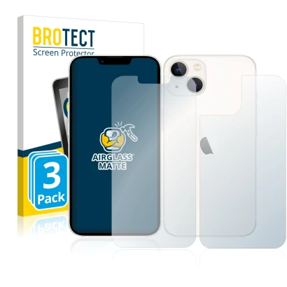 Parte frontal de un envase de producto con el logotipo de la marca BROTECT. Al lado se muestra el dispositivo Apple iPhone 13 