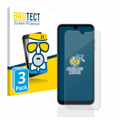 Parte frontal de un envase de producto con el logotipo de la marca BROTECT. Al lado se muestra el dispositivo Fairphone 4 con 