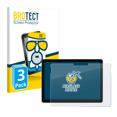 Parte frontal de un envase de producto con el logotipo de la marca BROTECT. Al lado se muestra el dispositivo Microsoft Surfac