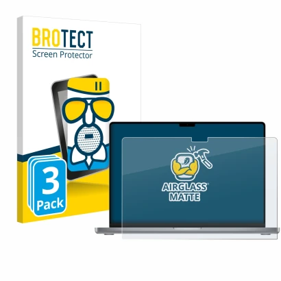 Parte frontal de un envase de producto con el logotipo de la marca BROTECT. Al lado se muestra el dispositivo Apple MacBook Pr