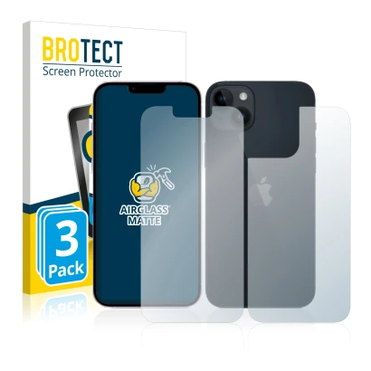 Parte frontal de un envase de producto con el logotipo de la marca BROTECT. Al lado se muestra el dispositivo Apple iPhone 14 